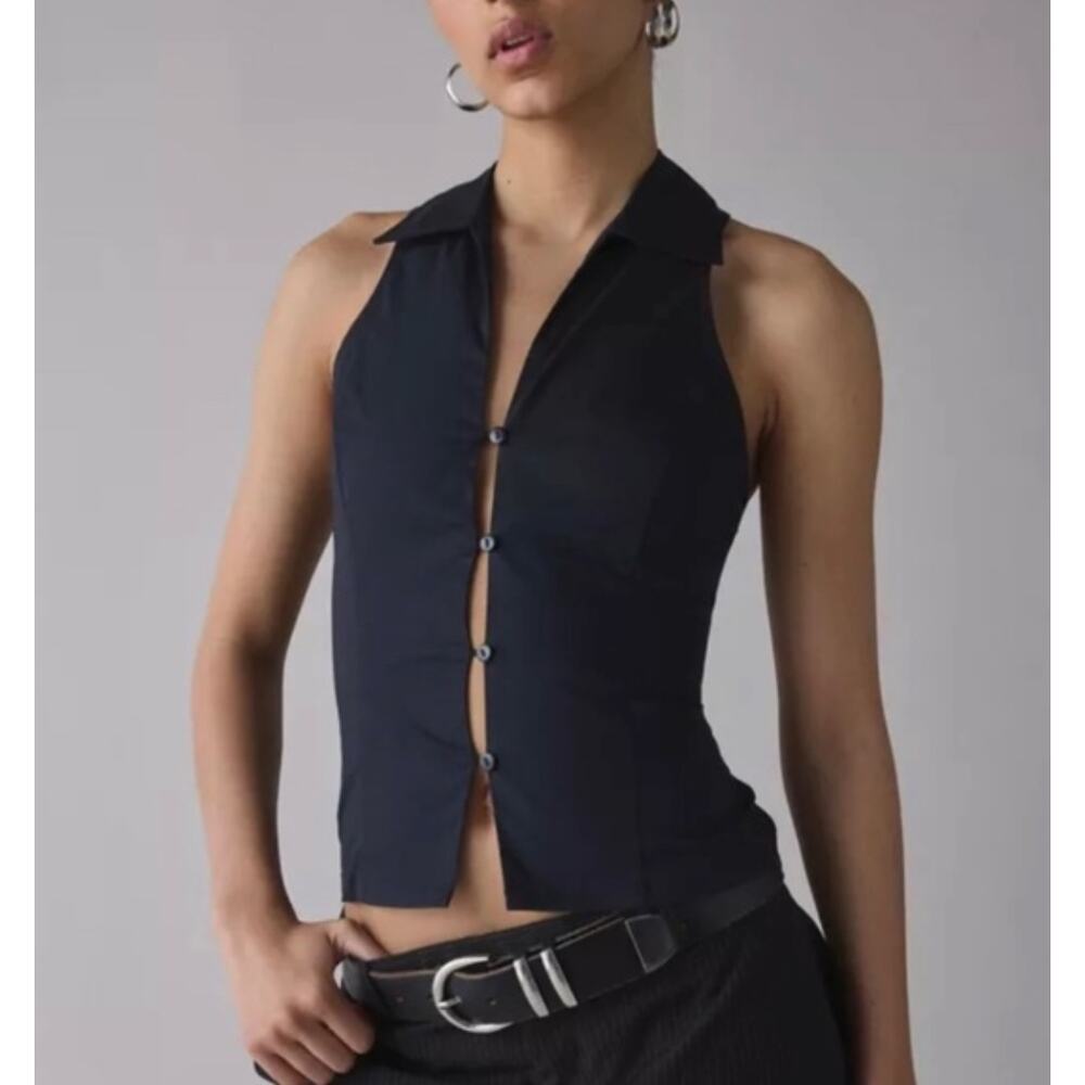NWT Urban Outfitters Party Girl Button Down Sleeveless Shirt‎ Black, Sz S